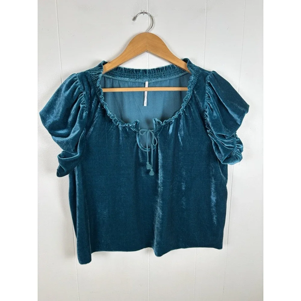 FREE PEOPLE Small Terese Teal Velvet Smocked Peasant Top Front Tie Puff Sleeve